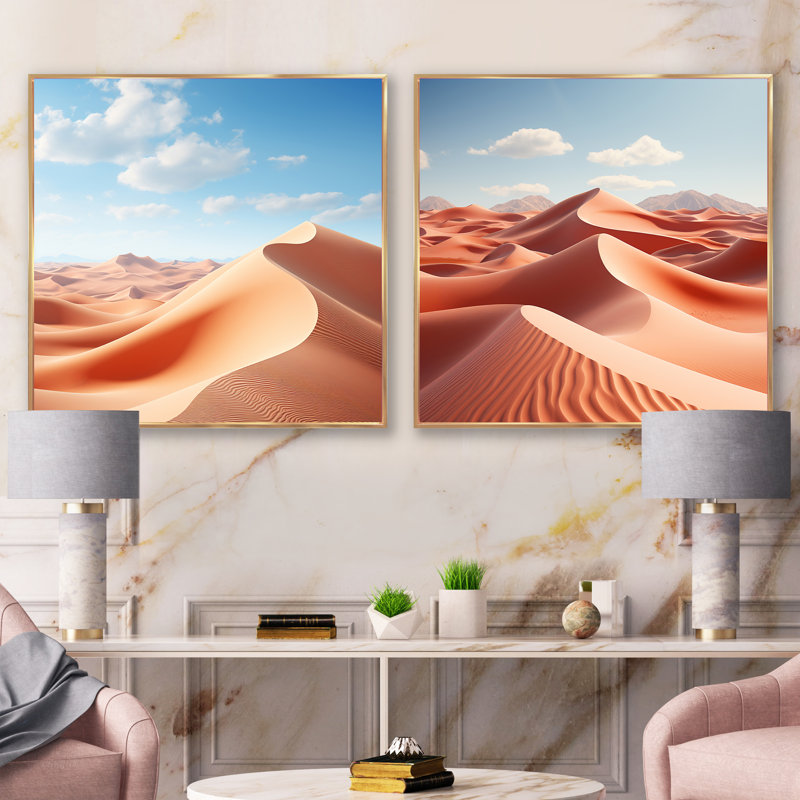 Desert Glamis Sand Dunes - Ensemble de 3 collages carrés du désert, Cadre flottant doré, H 16 po x l 33 po