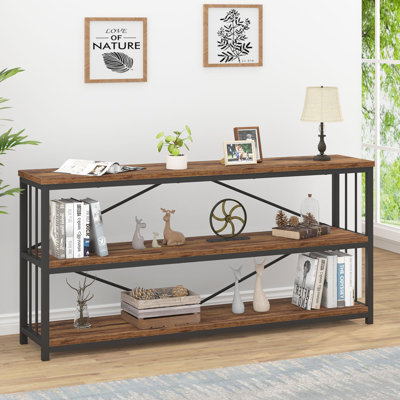 Horizontal Bookshelf, 63" Modern Cube Storage Organizer BookcaseWide Bookshelves, Industrial Long Wood Metal Book Shelf, Low Cube Shelf for Office Home Bedroom Living Room