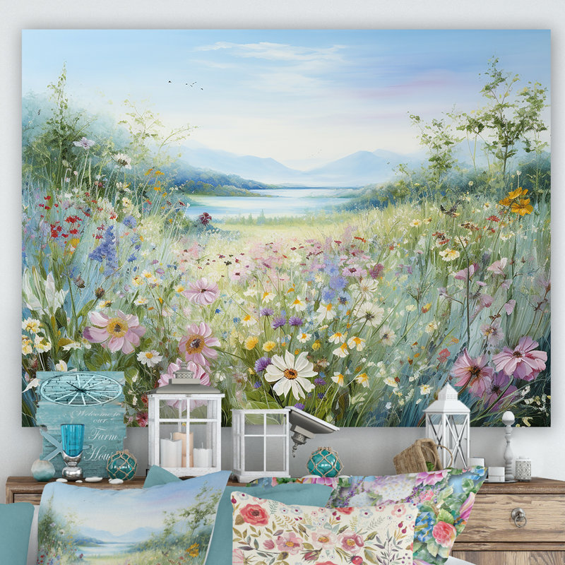 Simplity Wreath Green Flower Field - Art mural grand champ de fleurs, Toile tendue, H 24 po x l 32 po x P 1 po