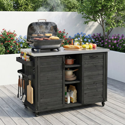 78.3" Oversized Foldable Outdoor Kitchen Island, Solid Rolling Bar Cart with Stainless Steel Top & Trash Storage for Lawn Garden BBQ by Arlmont & Co.