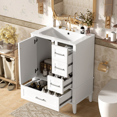 Meuble-lavabo de salle de bain avec lavabo en céramique, armoire autoportante moderne avec porte à fermeture en douceur, tiroir profond