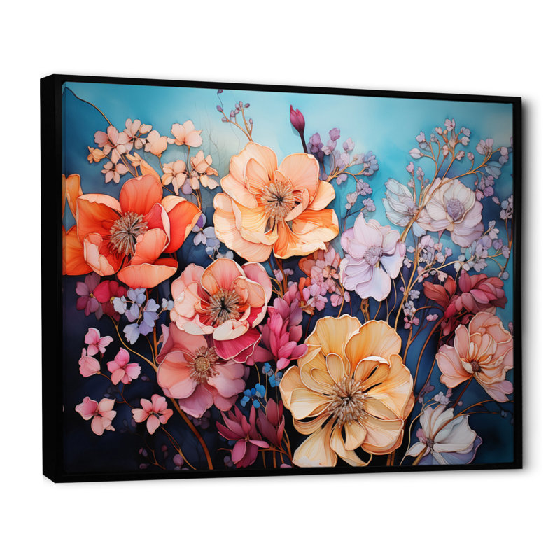 Corail floral symphonie I - abstrait Botanicals Wall Art Living Room, L 40 po x H 30 po, Cadre flottant noir