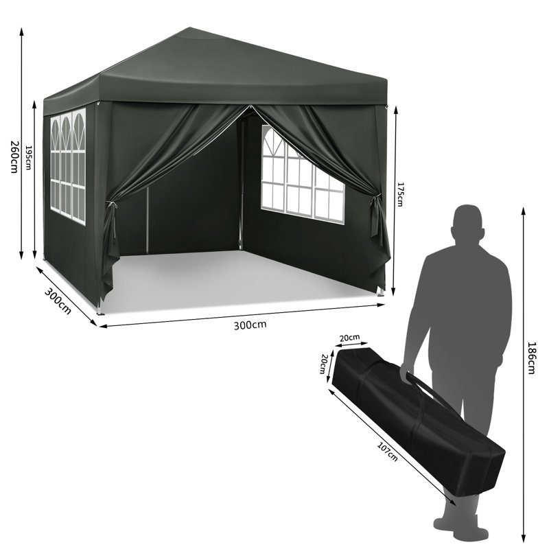 Gazebo Pop Up Waterproof Sunshade Camping Pagoda Tent 3m x 3m, Grey