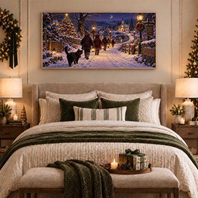 «Children Walking with Lanterns In Snowy Village Christmas», art mural sur toile