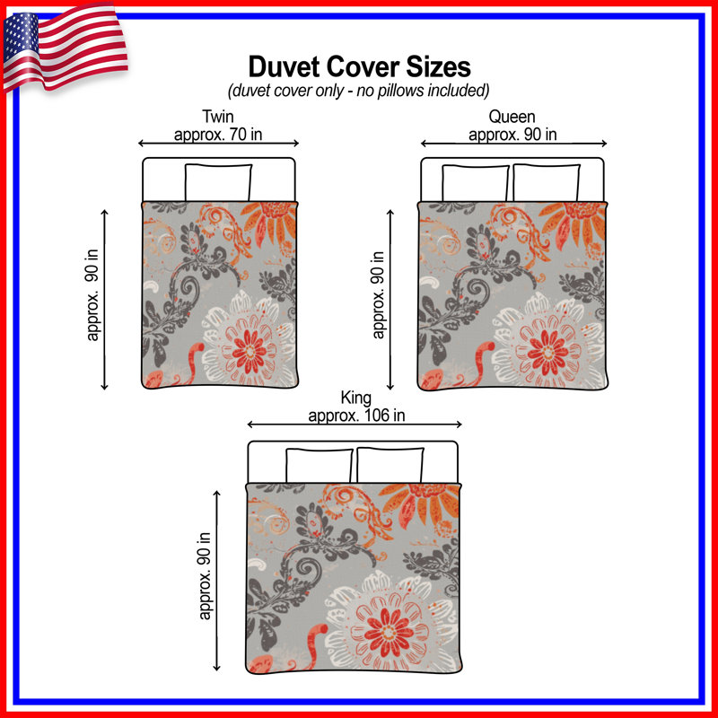 Orange Gray Floral Pattern Duvet Covers, King