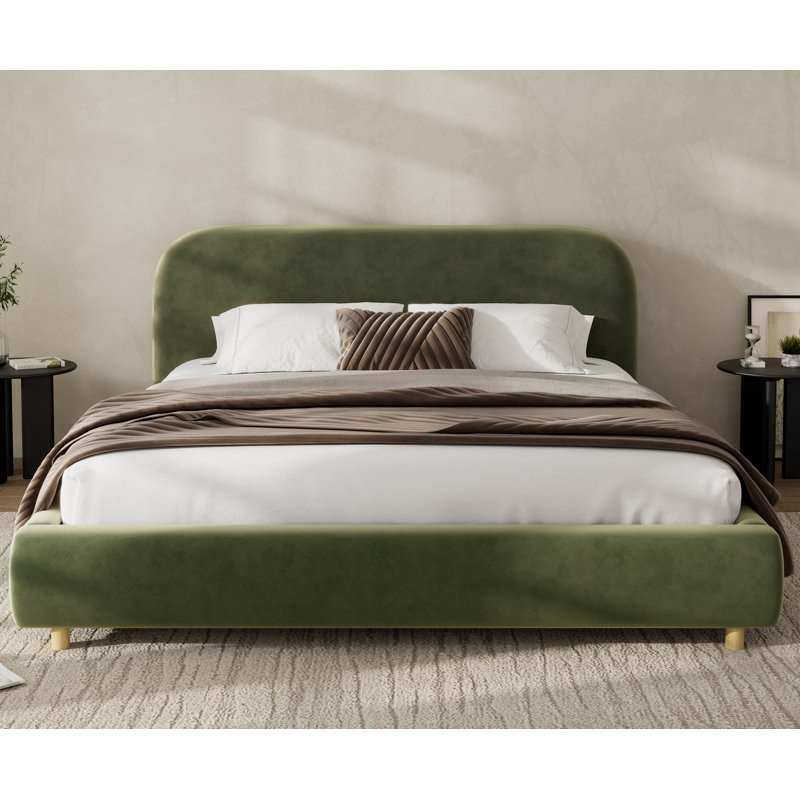 Lit plateforme grand avec tissu en velours, lit tapissier avec tête de lit épaisse Curve Design