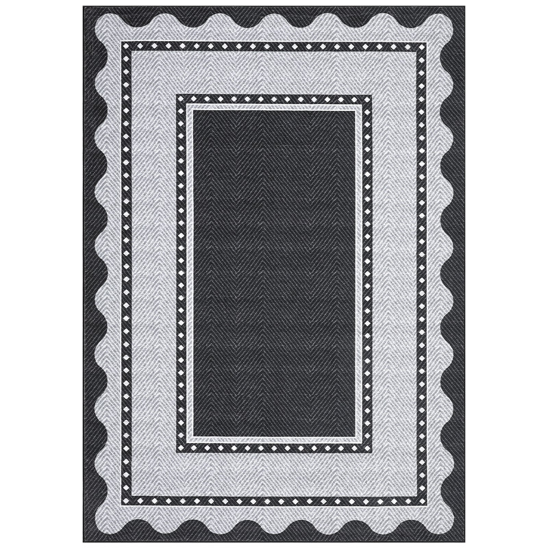 Washable Scalloped Area Rugs Living Room Rug Non Slip Stain-Resistant Rug for Bedroom Dining Room Home Office Linen, Black