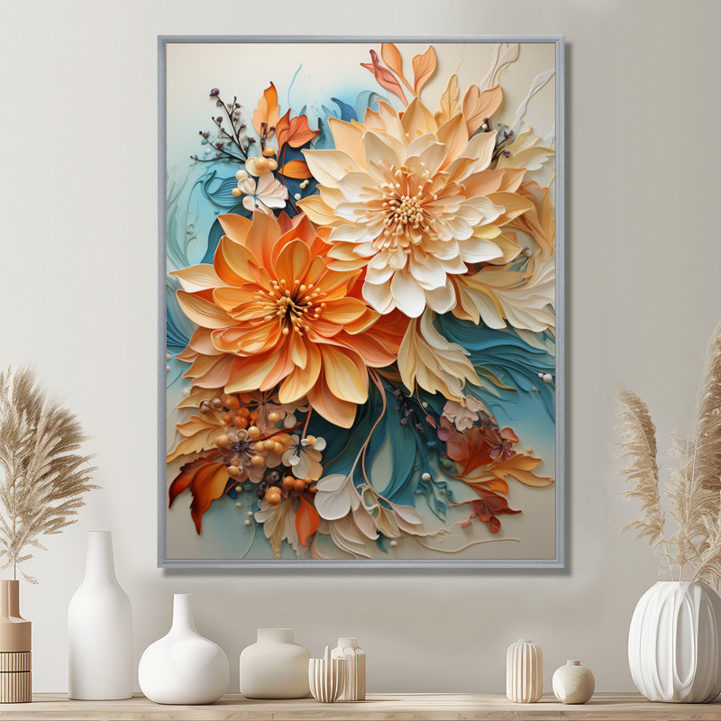 Orange et bleu sarcelle, tourbillon botanique I - art botanique abstrait, H 32 po x l 24 po, Reproduction avec cadre flottant