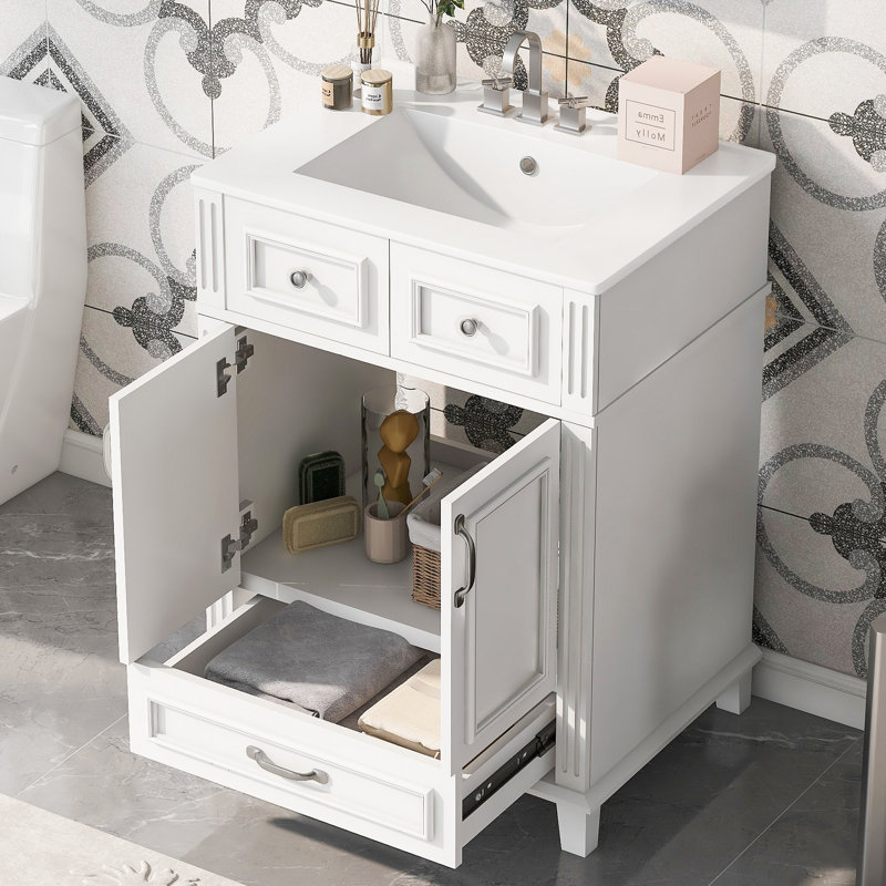 Meuble-lavabo de salle de bain avec lavabo en céramique, armoire de rangement en bois massif avec portes à fermeture douce, style rétro