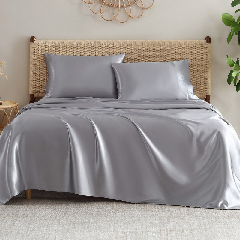 Jessica Simpson Silky Satin Sheet Sets, Twin Extra Long Sheet Set with 1 Pillowcases, Harbor Mist Gray
