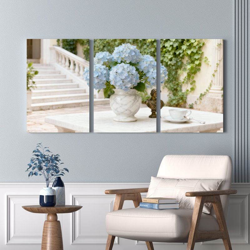 Fleurs d'hortensia et art mural en toile d'escalier de jardin, impression élégante de scène extérieure (ensemble de 3)