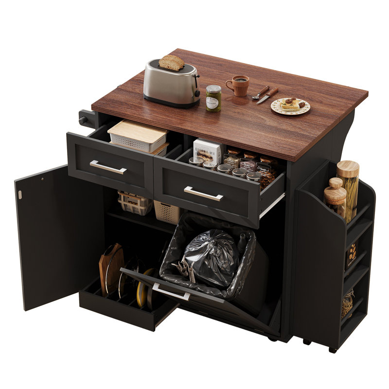 47.2" Farmhouse Kitchen Island With Drop Leaf, Kitchen Storage Island With Removable Side Racks, Two Drawers, Rolling Kitchen Cart On Wheels With Towel Rack, For Home, Kitchen, Dining Room