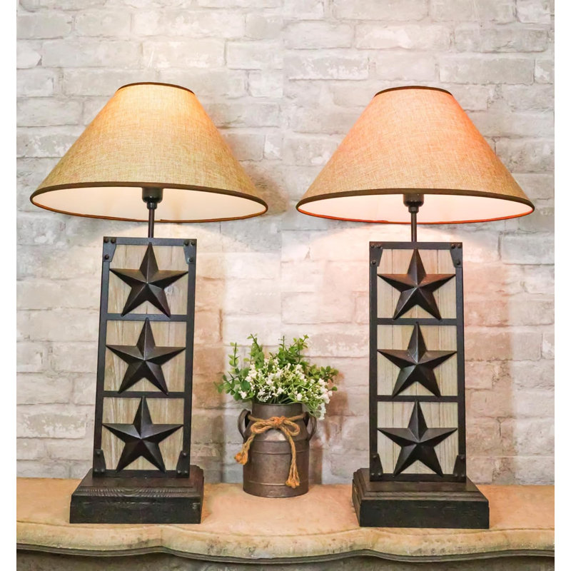 Set Of 2 Rustic Western Triple Lone Stars Wood And Metal Bedside Table Lamps