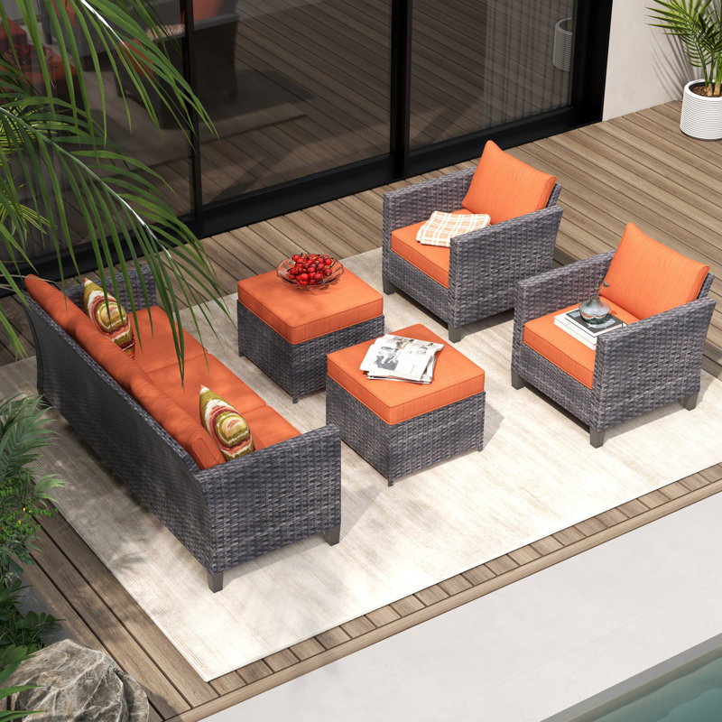 GRST Wicker 7 - Person Patio Conversation Set with Cushions, Orange Red