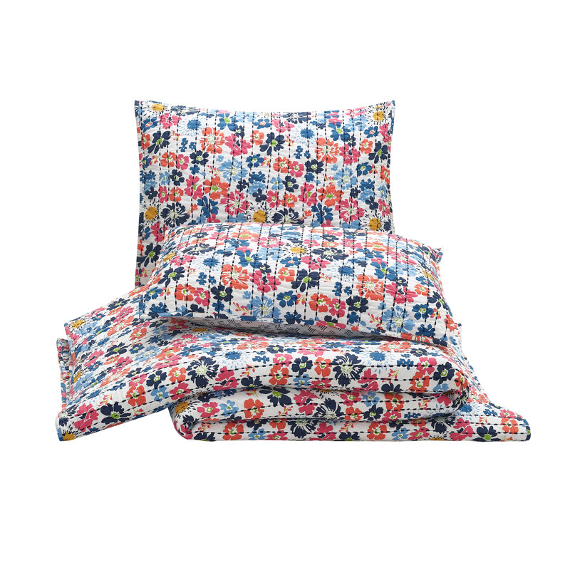 White Cotton Twin Reversible Floral Quilt Set