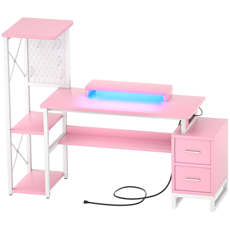Reversible L Shaped Desk with Power Outlets and Fabric Drawers, Pink/White