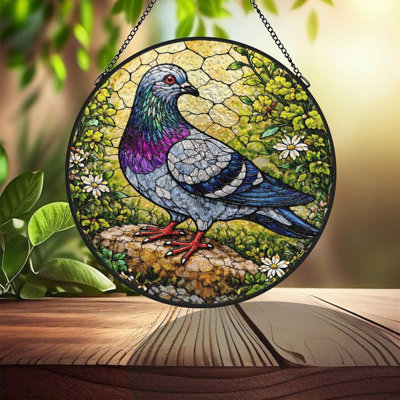 Attrape-soleil rond en vitrail (1 pièce) - Pigeon en vitrail avec chaîne en métal, pour la décoration murale et de jardin, idée cadeau originale pour une pendaison de crémaillère ou la fête des mères, utilisable à l'intérieur comme à l'extérieur.