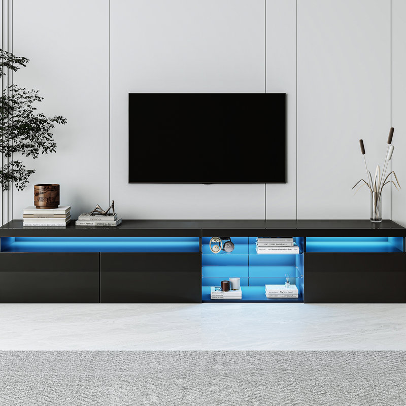 Meuble télé en noir, 2 tablettes en verre, lumières à DEL de couleur réglable, pour console de 90 po et plus, Black