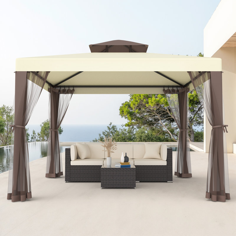 10'x10' Patio Gazebo Tent Outdoor Canopy Shelter W/ Mosquito Netting & 2-tiered Vented Top For Garden, Backyard Deck And Lawns