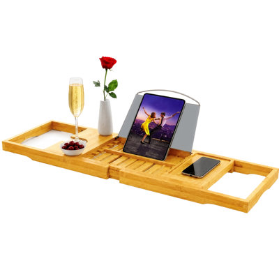 Plateau de baignoire extensible avec porte-livres et porte-verres à vin
