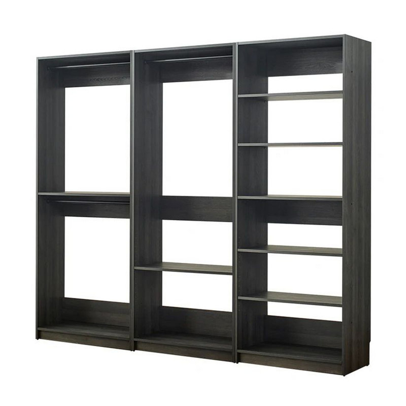 Dee Modular Closet System, 3 Hanging Rods And 6 Shelves, Dark Gray Wood