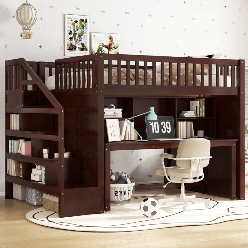 Full Size Loft Bed With Movable Desk And Storage Shelf, Full, Espresso