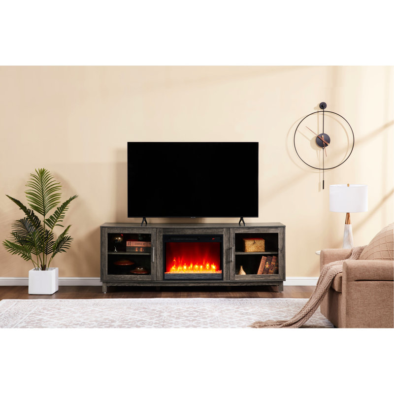 Grey Walnut Finish 70 - Inches Wide Tv Console With Built In Fireplace And Heater, 11 Temperature Settings, 7 Flame Colour Possibilities, Timer, 2 Cabinets Shelf Led , 15.5 Depth, 25 Height, 116 Lb
