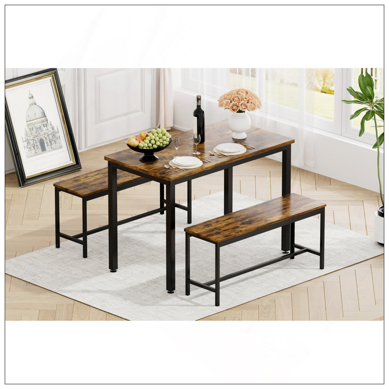 Ensemble de table de salle à manger, table de bar avec 2 bancs de salle à manger, comptoir de table de cuisine avec chaises, table de déjeuner industrielle pour la cuisine, salon, salle de fête, brun rustique L 43,3 po x l 23,6 po x H 29,9 po