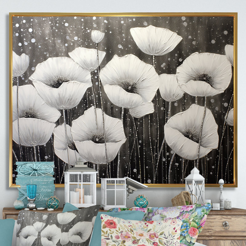 Coquelicots gris argent sérénité, H 34 po x l 44 po x P 1,5 po, Cadre flottant doré