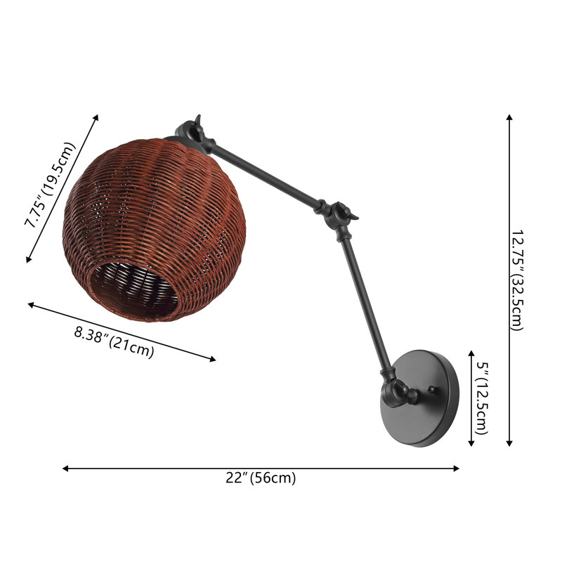 Abdulmalik 22" 1-Light Mid-Century Vintage Rattan Globe Swing Arm LED Sconce
