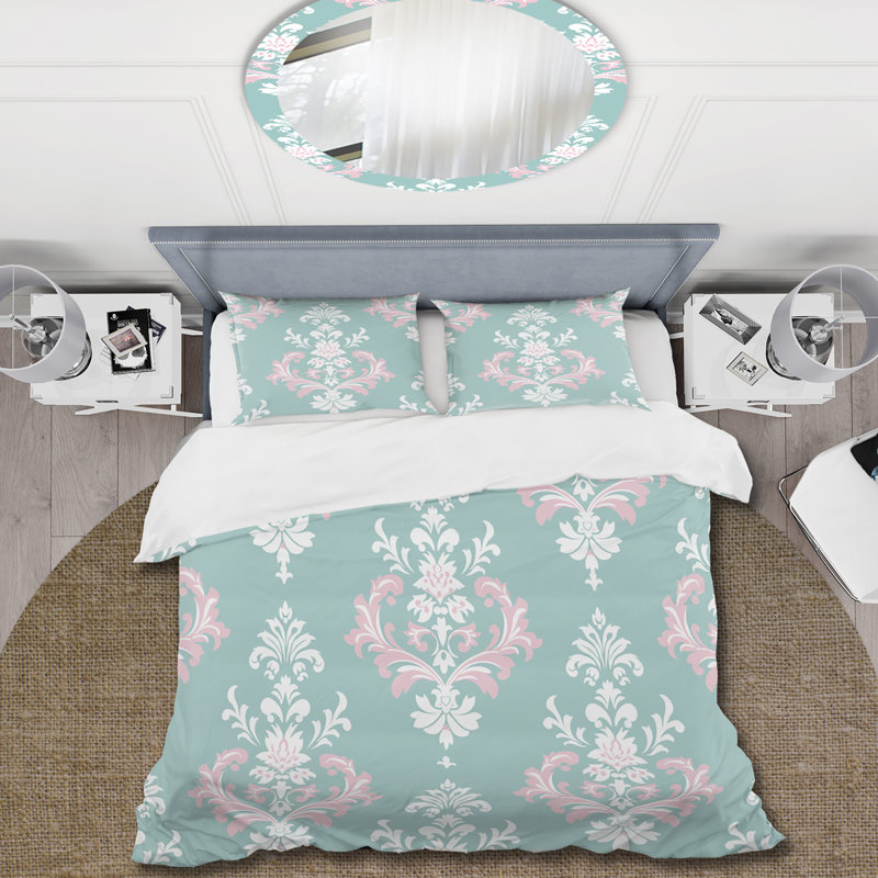 Ensemble de housse de couette rétro motif damassé vert et rose I, Housse de couette très grand et 2 très grandes t