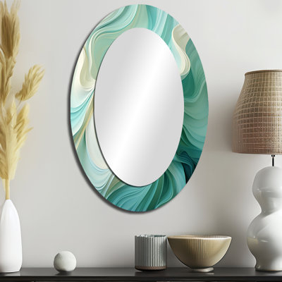 Gree And White Sway Wave Serenity II - Green Oval Wall Mirror Decor
