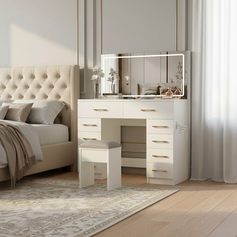 Bureau de meuble-lavabo de luxe en verre avec miroir à DEL et prise de courant, organisateur de maquillage à 10 tiroirs avec tabouret pour chambre à coucher moderne
