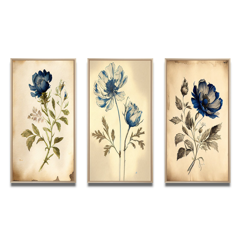 «Blue Vintage Flower Blooming», 3 pièces, Brun, H 28 po x l 36 po