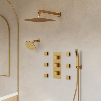 Thermostatic Dual Showerheads System, Wall Mount 12" High-Pressure Rainfall Shower Faucet with Handheld Spray and Body Jet