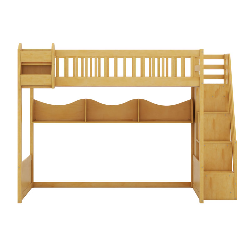 Grand lit mezzanine en bois avec escalier et garde-robe, tablettes de rangement et espace sous le lit, Naturel