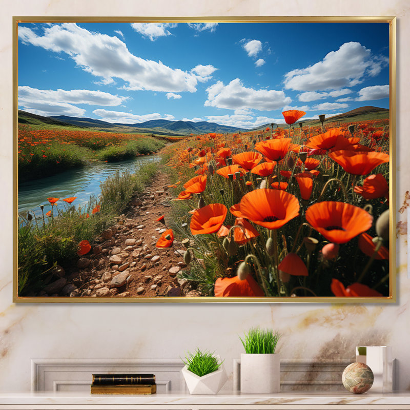 Kolette, Espagne, champs de coquelicots sur toile, H 24 po x l 32 po x P 1 po, Cadre flottant doré