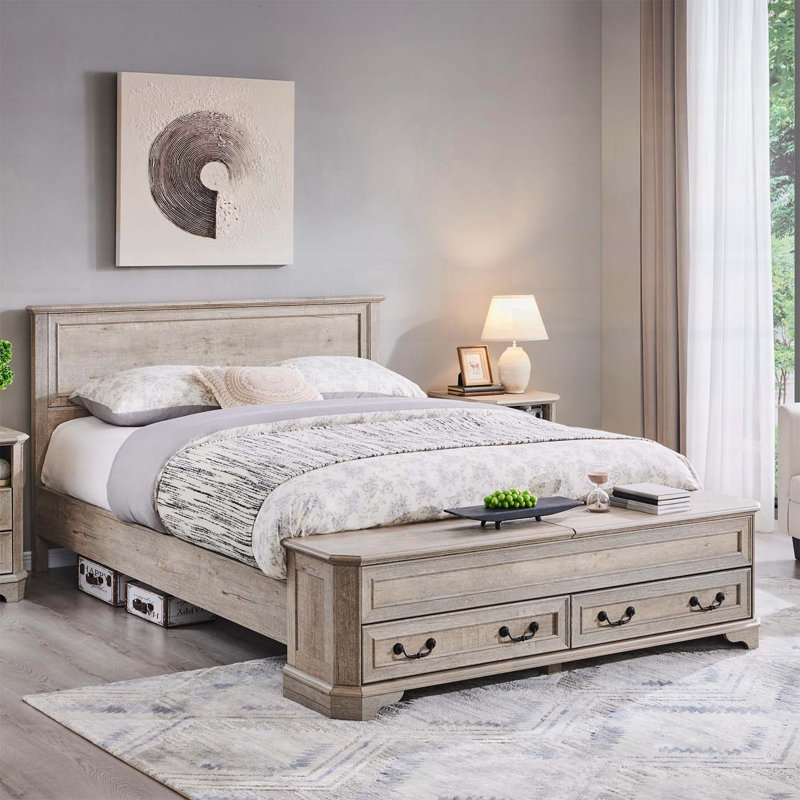 Lit design minimaliste avec tête de lit géométrique 3D et banc de rangement, mobilier de chambre moderne