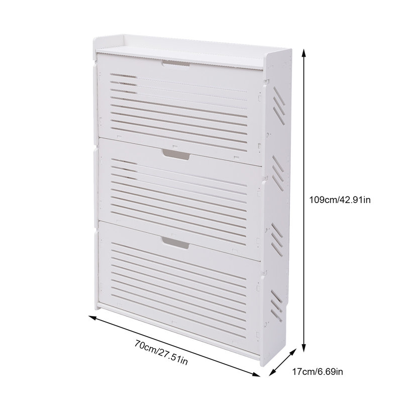3-Layer White Modern Tipping Shoe Cabinet, 42.91" H x 27.51" W x 6.69" D