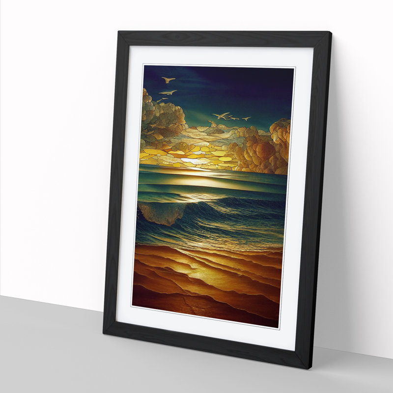 Seascape Ocean Stained Glass - Framed Print, Black, 64cm H x 46cm W x 2cm D
