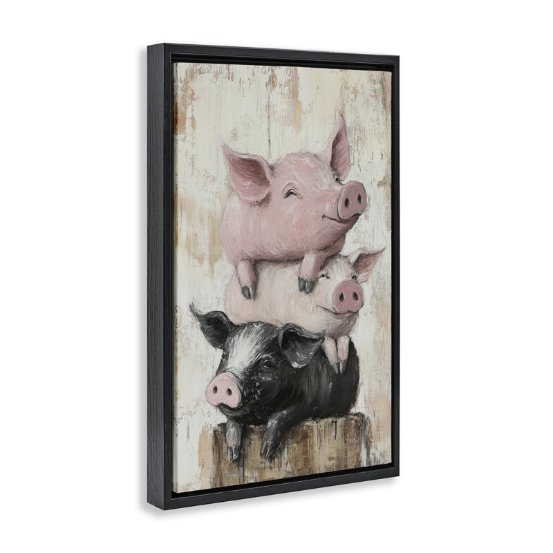 Cadre flottant cochon et porcelet, conception de Tina LeCour, H 25 po x l 17 po, Cadre flottant noir de jais