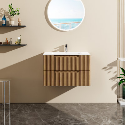 Ensemble de meuble-lavabo mural 30 po avec évier flottant, système de fermeture en douceur, 2 très grands tiroirs, noyer