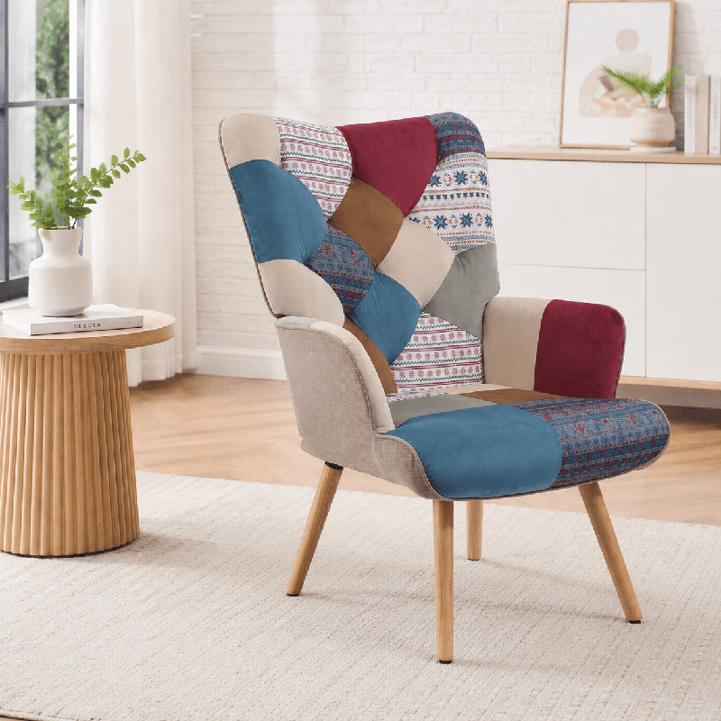 Fauteuil décoratif à haut dossier pour chambre et coin lecture Floral Patchwork, Strips/Navy Blue Polyester Blend