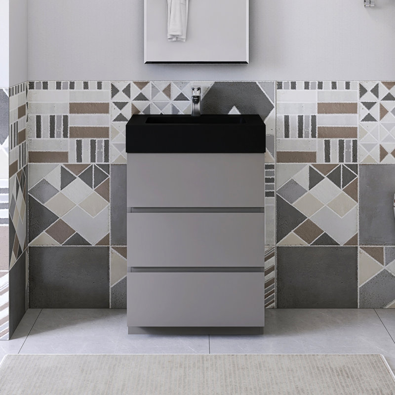 Meuble-lavabo simple 24 po avec surface solide Saunder, Noir mat, Gris