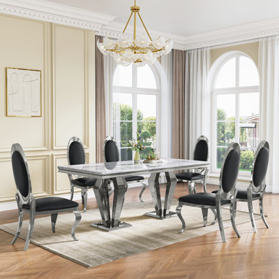70.08" Modern Faux Marble Dining Table Set With Diamond-Shaped Metal Base