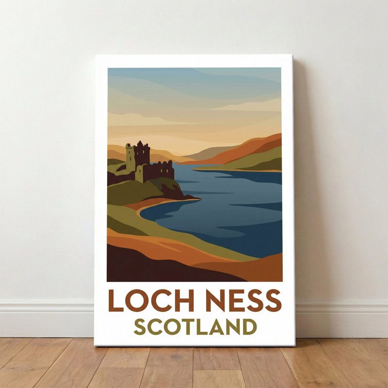 Loch Ness, Scotland - Romantic Highlands Travel Poster Featuring Urquhart Castle And Misty Loch Print. Giclee Print On Wrapped Canvas. Wall Art, Home Decor - Natural Landmarks, Scotland - Wrapped Canvas Print