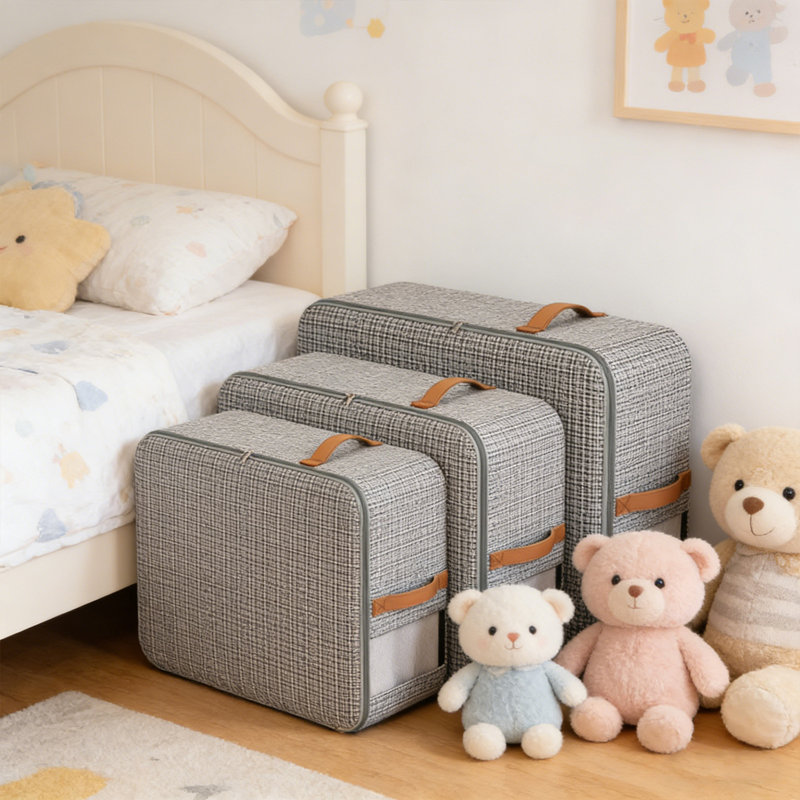 Paquet de 3 paniers de rangement en tissu avec couvercle, paniers de rangement empilables, boîtes de rangement pliables en polyester avec poignées, boîtes de rangement décoratives pour tablettes