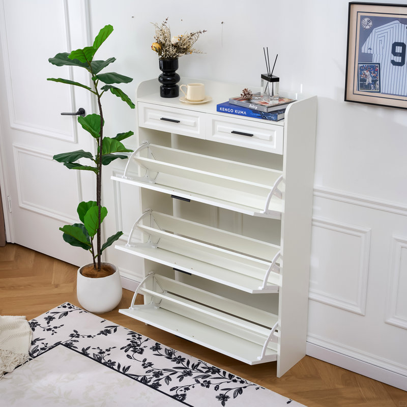 Deux tiroirs, trois portes pliantes, grande armoire à chaussures de rangement, Blanc