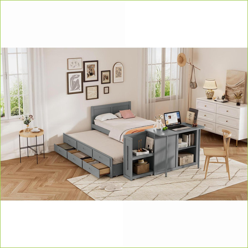 Lit plateforme simple en bois avec bureau, lit gigogne et amp; Tiroirs de rangement - Gris pour les pièces compactes, Gris
