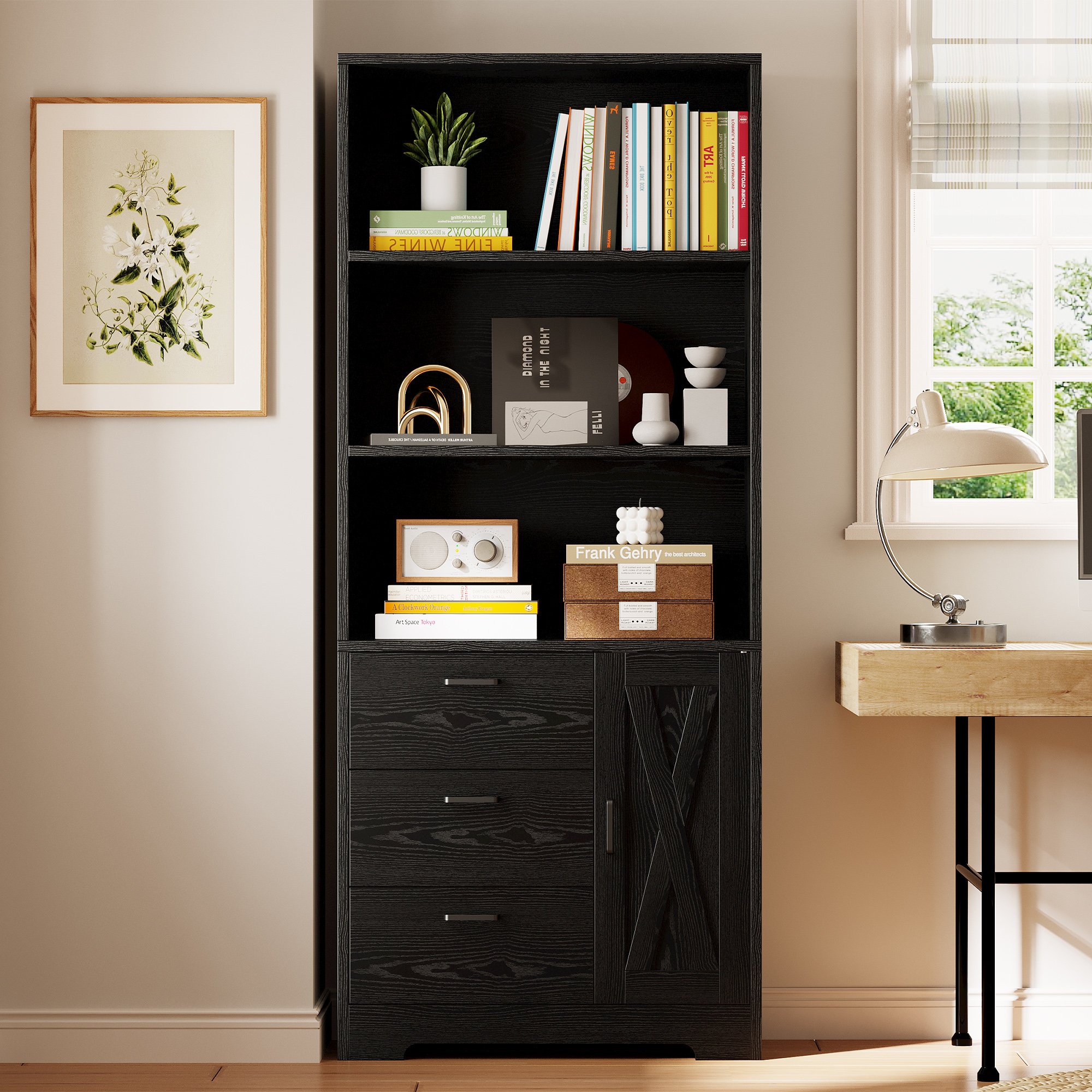 Ebern Designs Modern Style 71" H Wooden White Bookshelf And Bookcase With Door And 3 Drawers,3-tier Open Display Shelves & Reviews | Wayfair